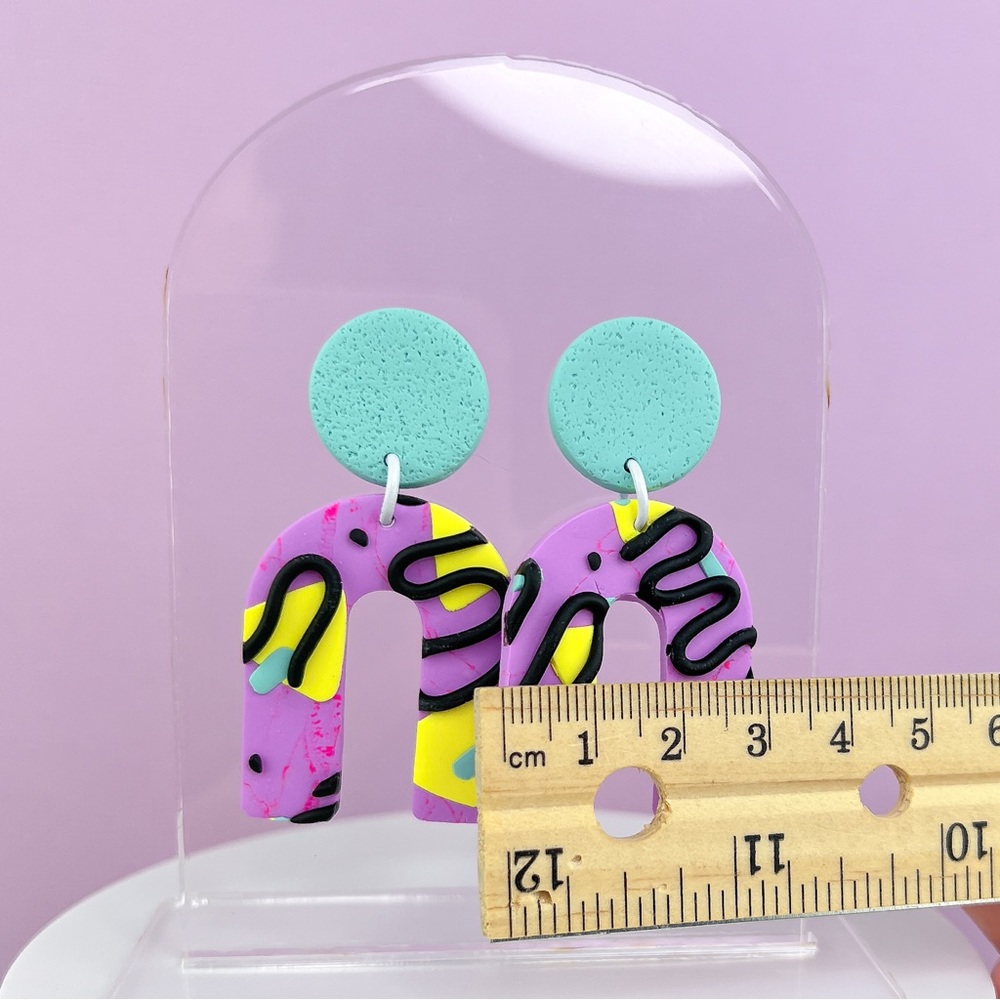 80s Memphis Style Pattern Polymer Clay Dangle Earrings Handmade Funky Re… - Picture 9 of 10